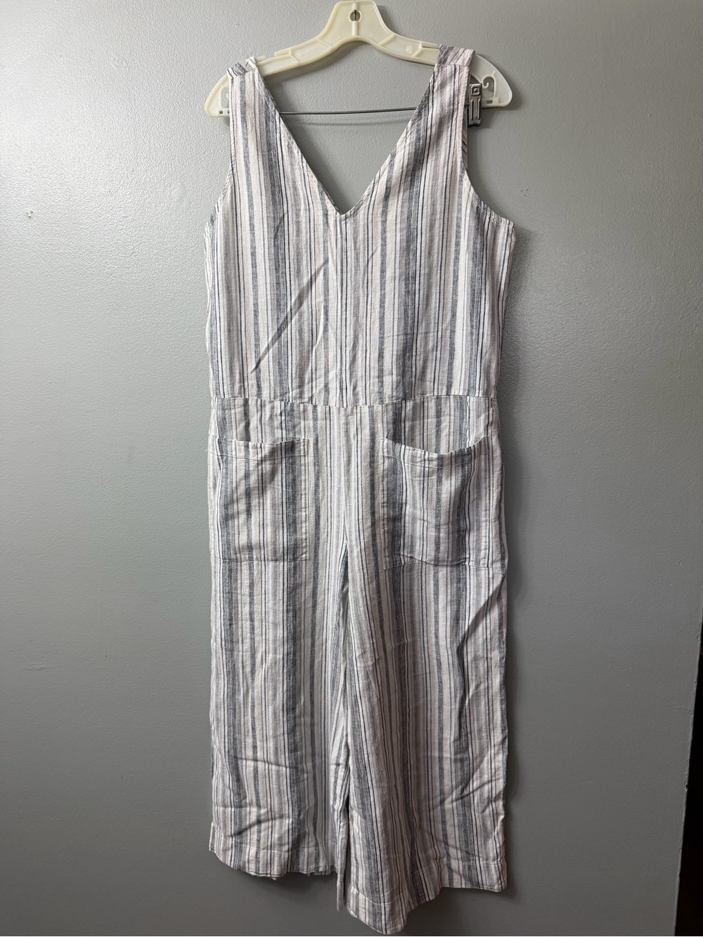 Beach Lunch Lounge Sleeveless Linen Blend Striped Jumpsuit V-Neck medium